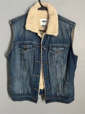 Old Navy Blue Denim Sherpa Vest with Cream Lining